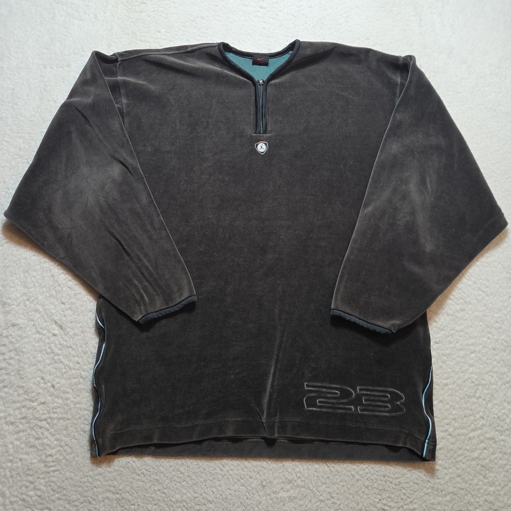 Y2K Jordan Velour Quarter Zip Shirt Men's Medium Black Oversized Longsleeve